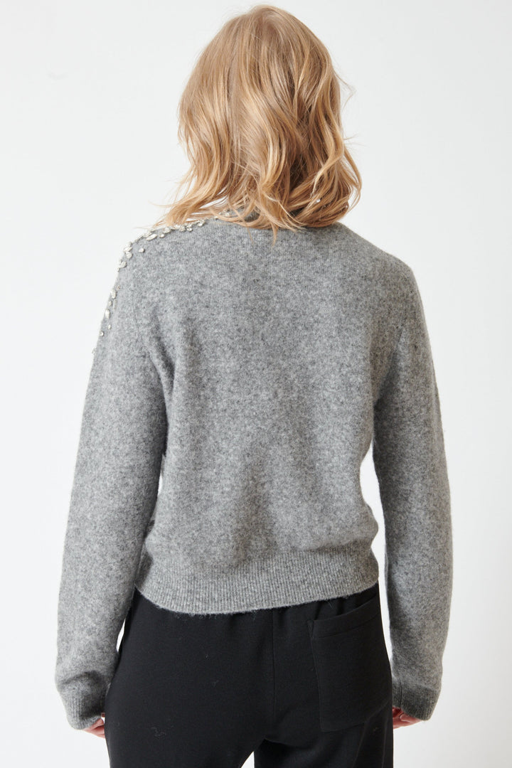 Madi wearing Seventy Brightly Jeweled Cardigan rear view