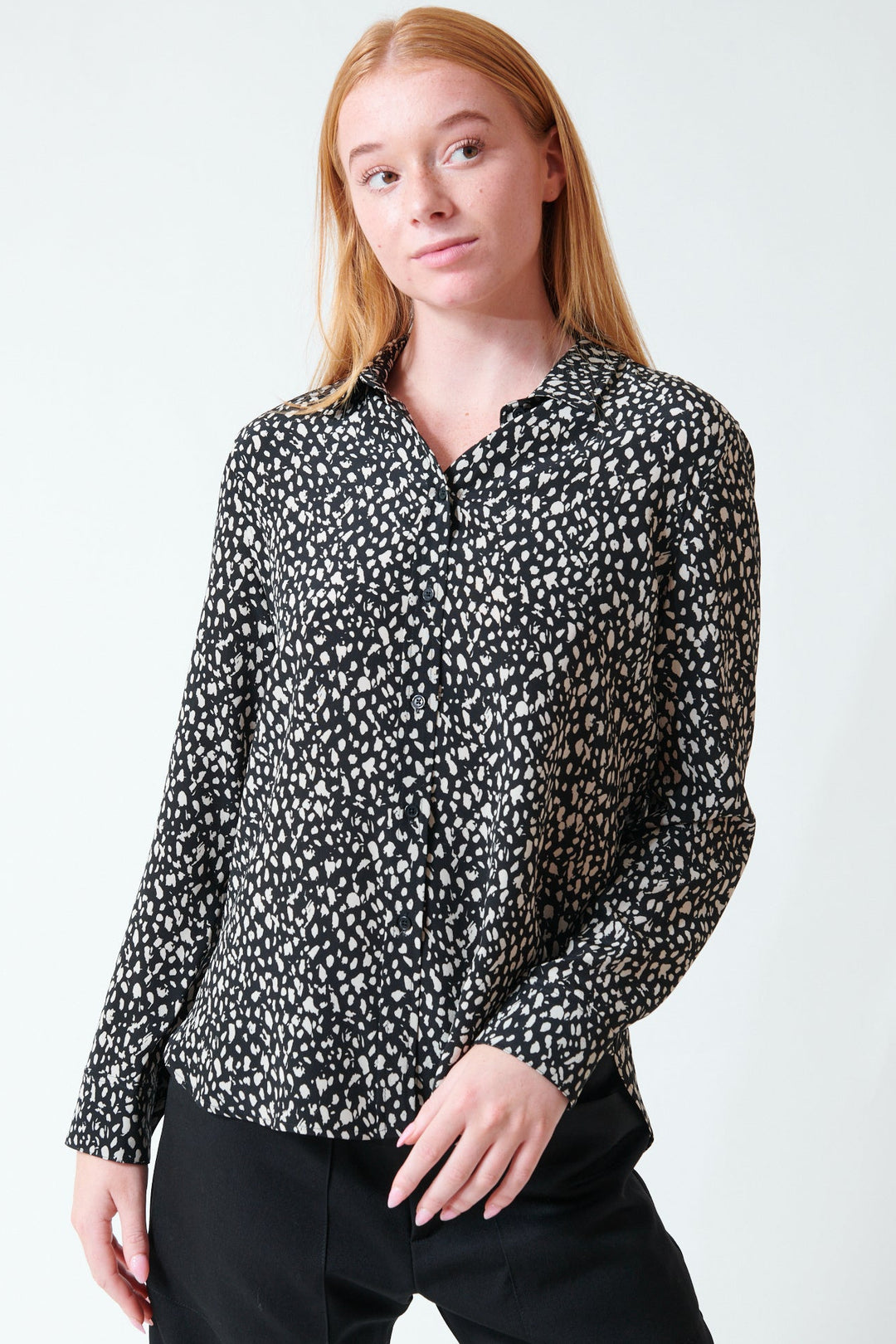 Aysia wearing Nili Lotan Gaia Slim Shirt front view