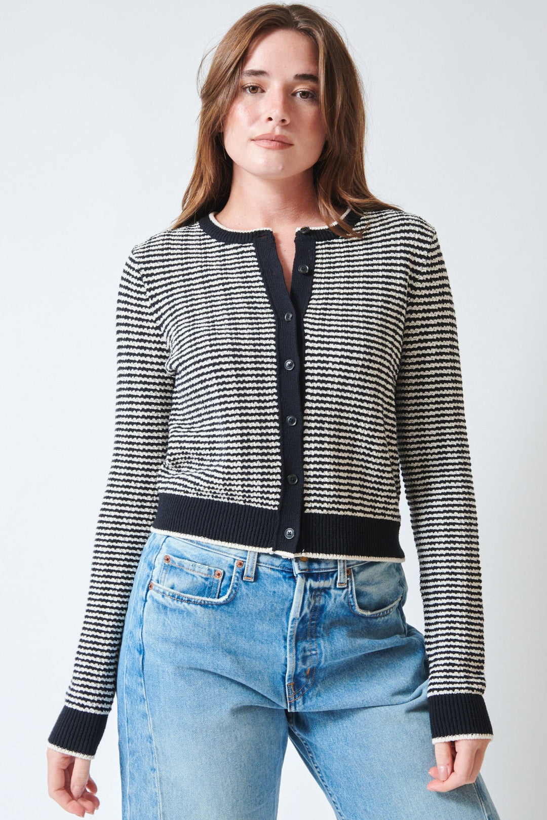 Julia wearing White + Warren Boucle Cardigan Midnight Ivory Stripe front view