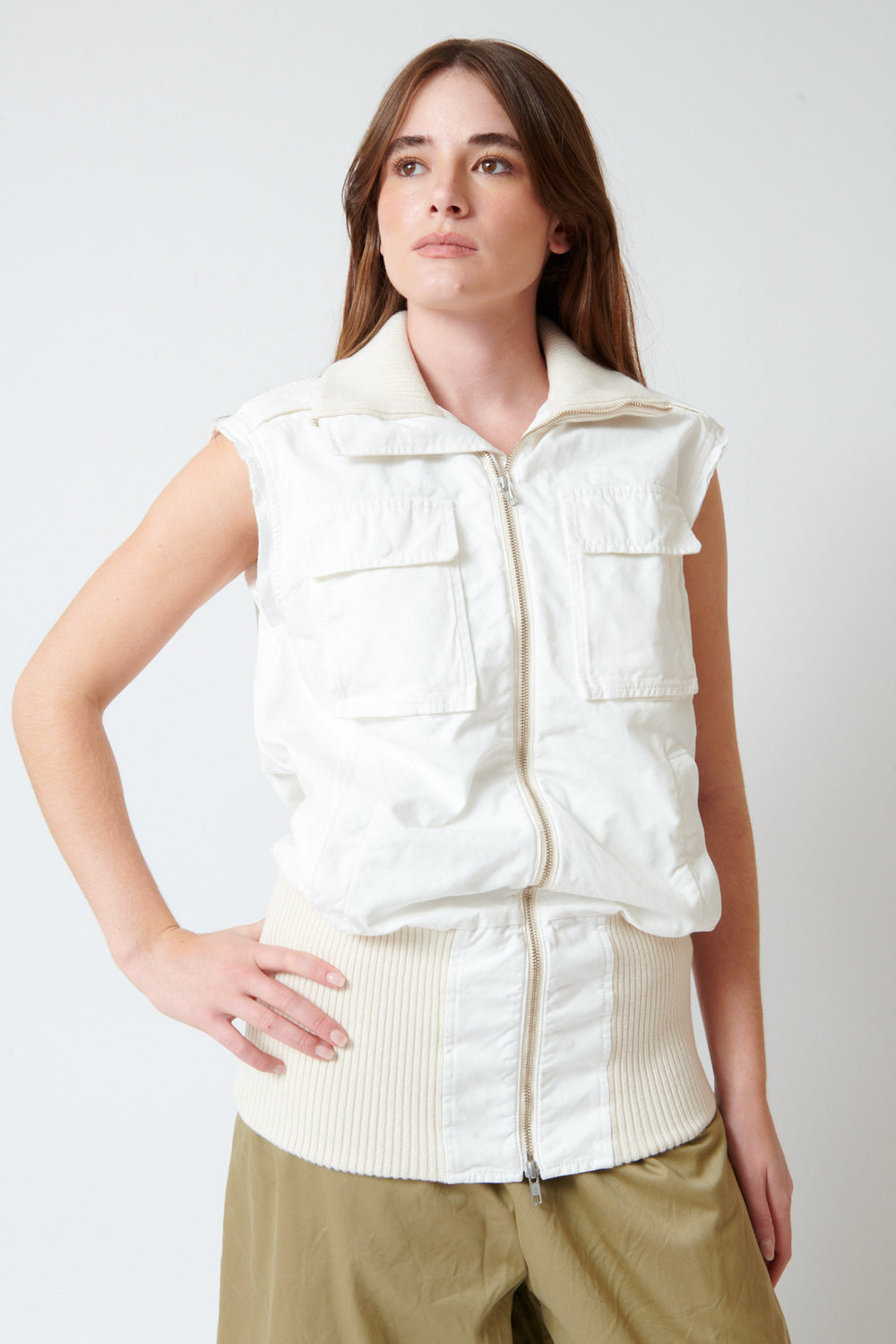 Julia wearing MM6 Maison Margiela Light Canvas Elongated 2 Way Zip Vest front view