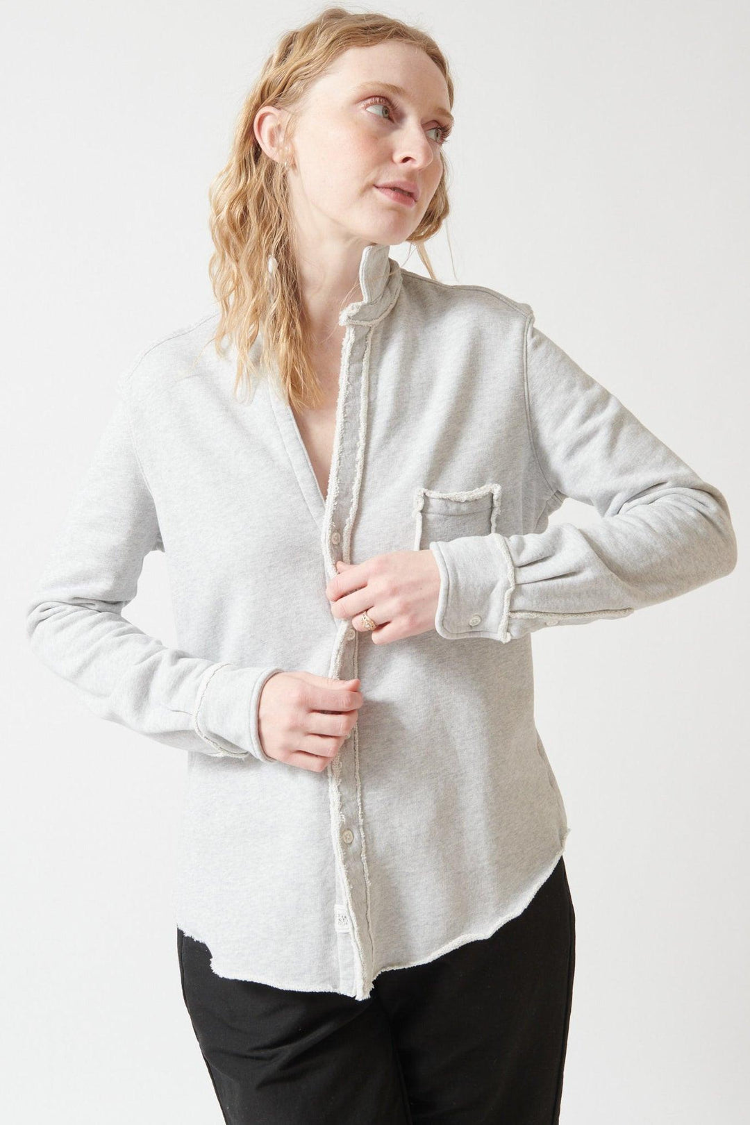 Madi wearing Frank & Eileen Eileen Relaxed Button Up Sweatshirt front view
