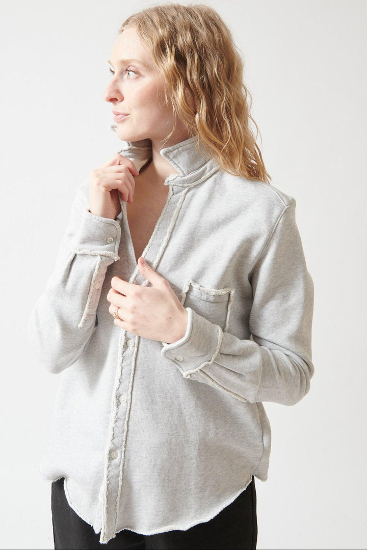 Madi wearing Frank & Eileen Eileen Relaxed Button Up Sweatshirt front view