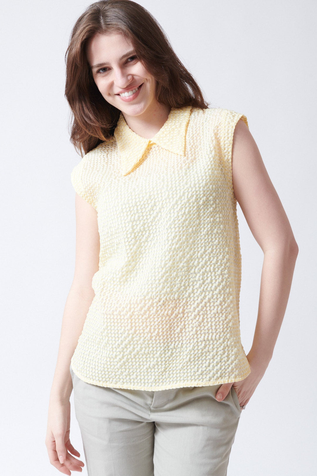 Sophie wearing Tela Oslo Top front view