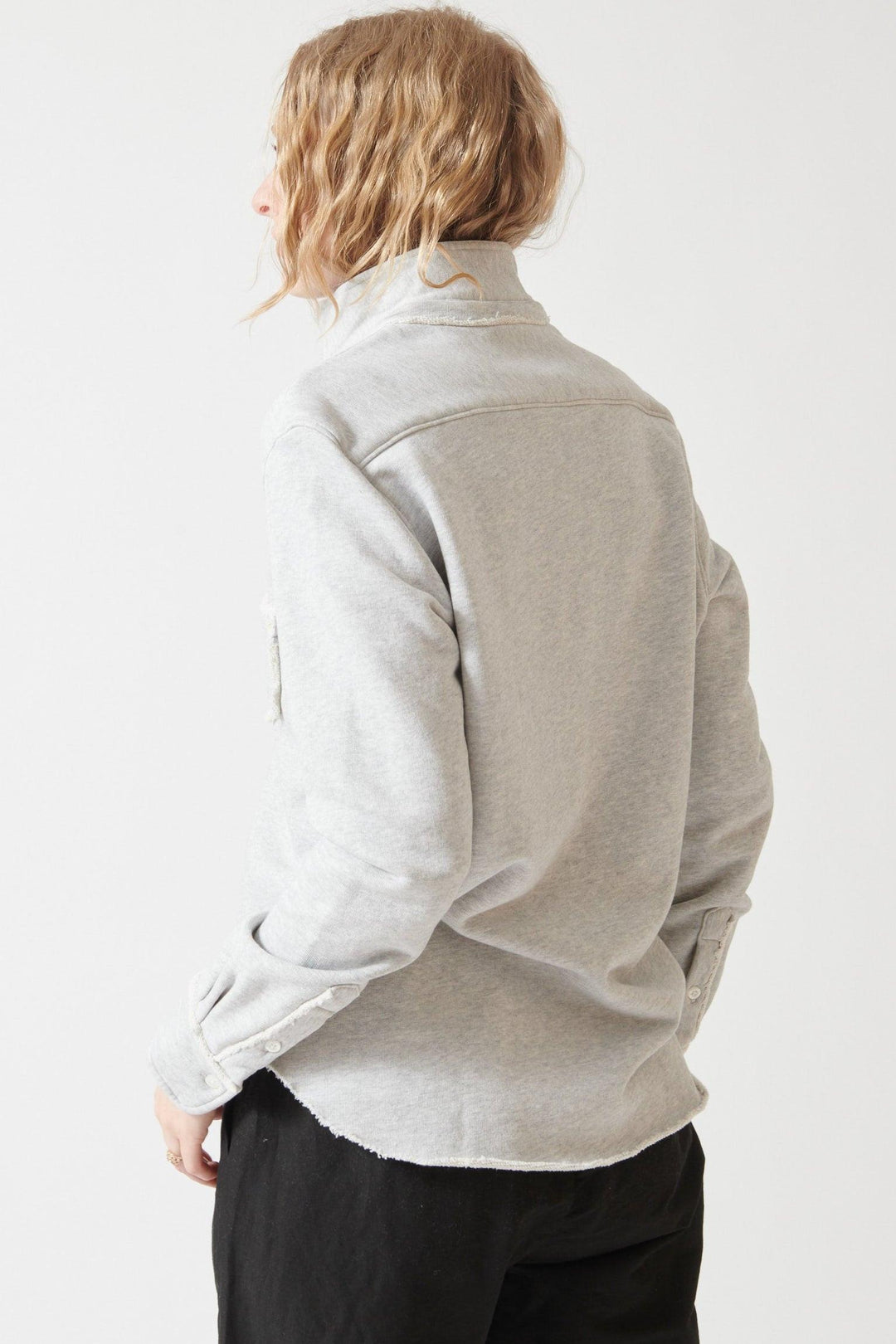 Madi wearing Frank & Eileen Eileen Relaxed Button Up Sweatshirt rear view