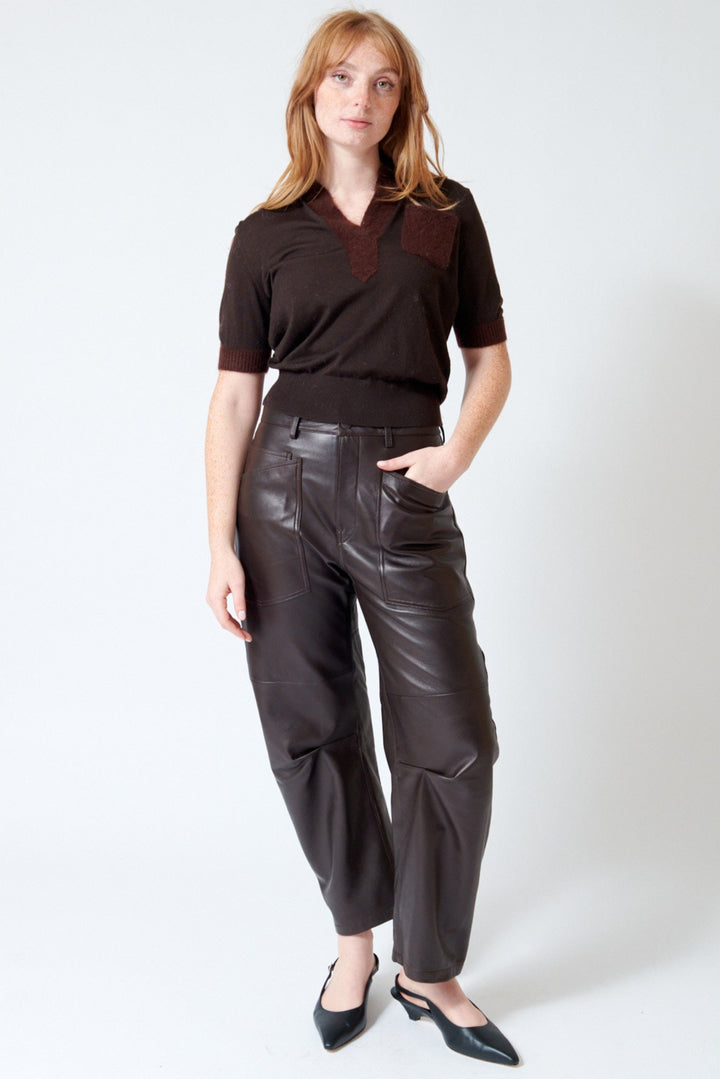 Waverly wearing Nili Lotan Shon Leather Pant in Dark Brown, front view.