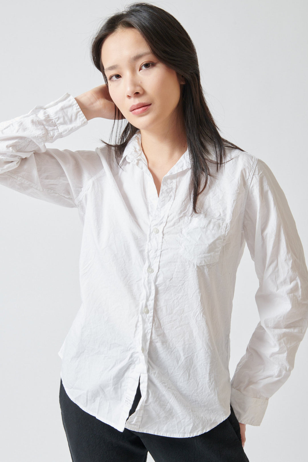 Lilly wearing Frank & Eileen Barry Tailored Button Up Shirt front view
