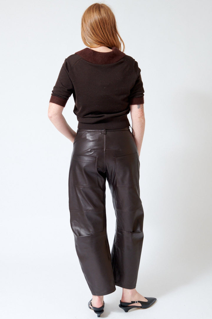 Waverly wearing Nili Lotan Shon Leather Pant in Dark Brown, rear view.
