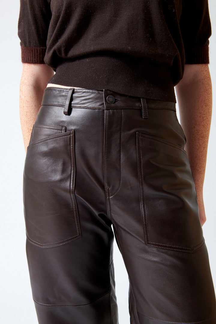 Close up of front details of Nili Lotan Shon Leather Pant in Dark Brown.