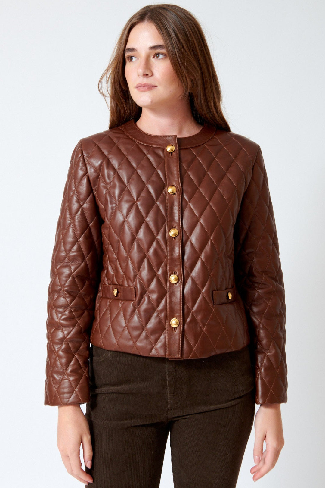 Julia wearing Nili Lotan Amy Leather Jacket in Bordeaux, front view.