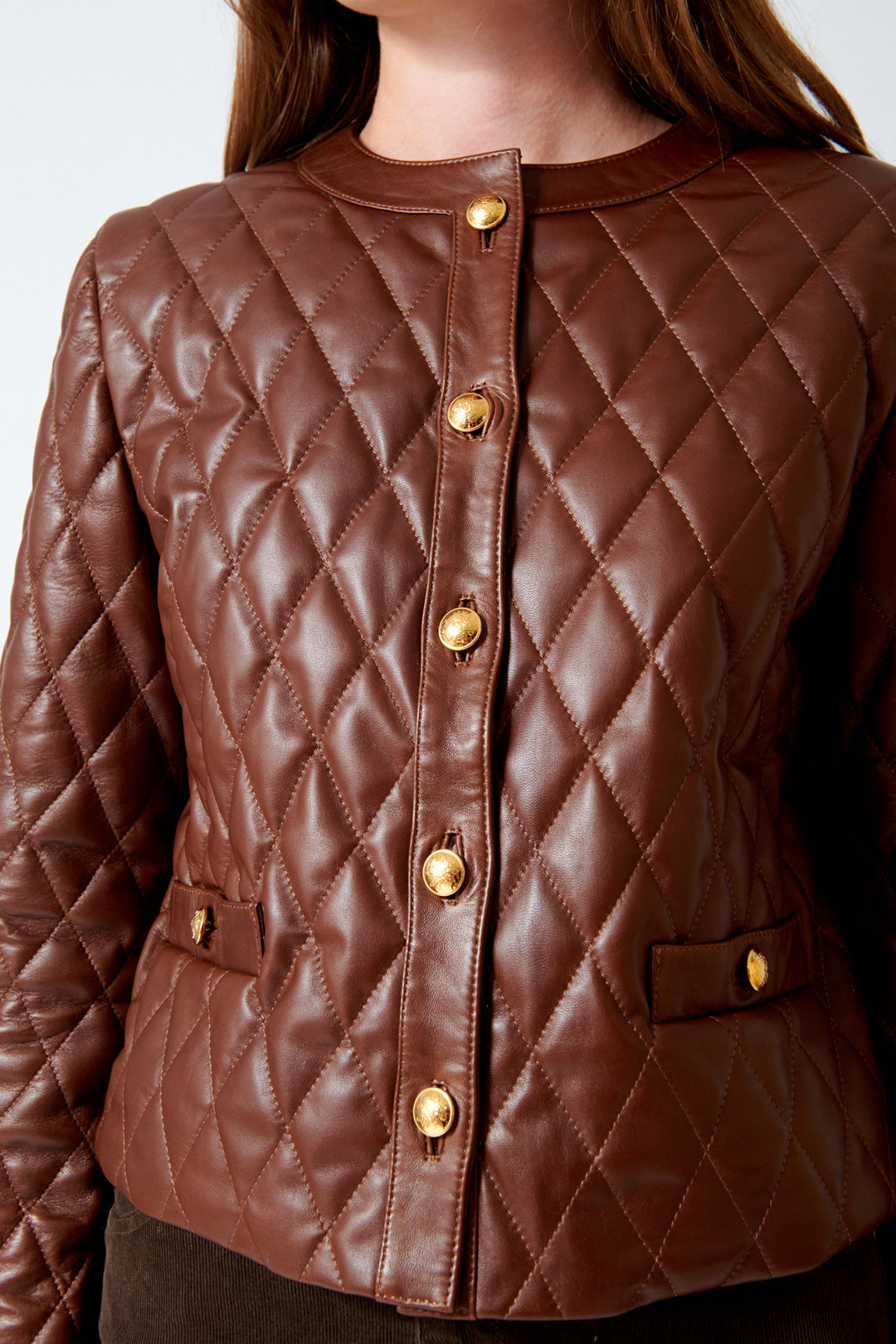 Close up of the front of Amy Leather Jacket in Bordeaux.