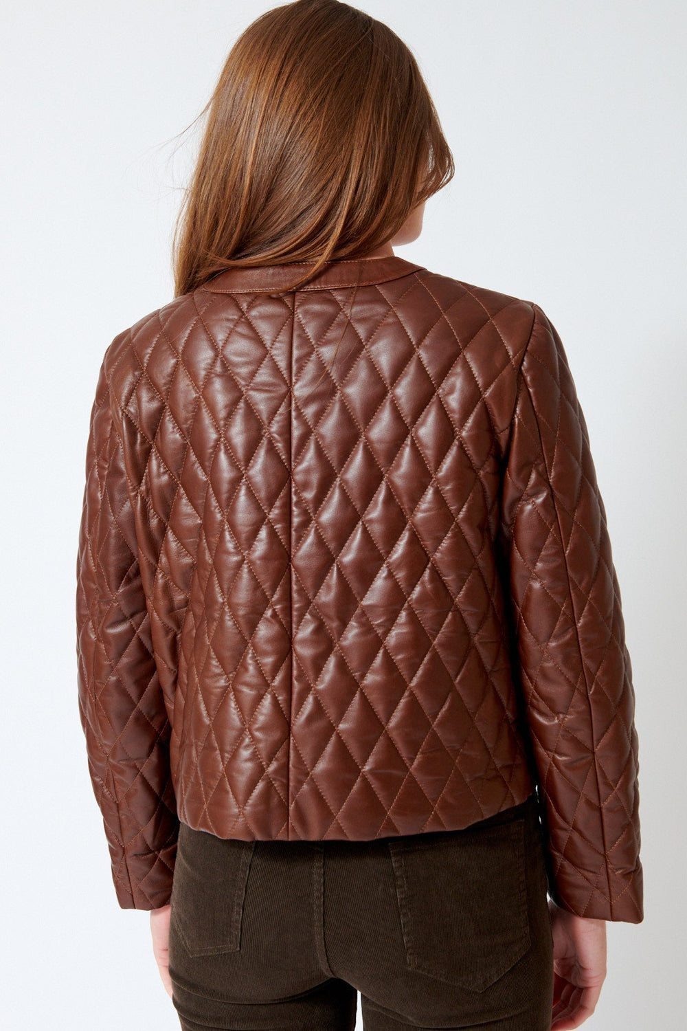 Julia wearing Nili Lotan Amy Leather Jacket in Bordeaux, rear view.