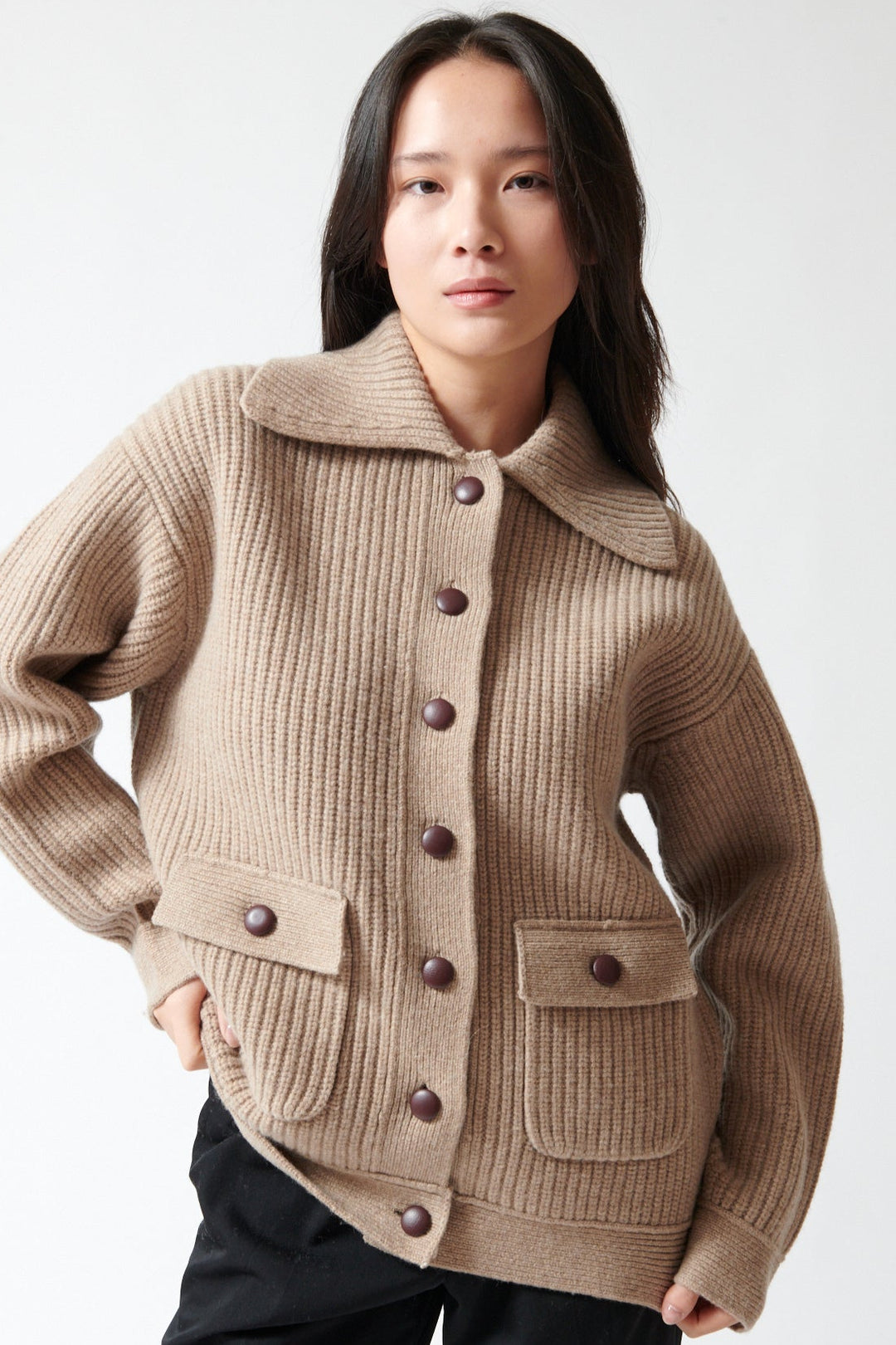 Lilly wearing White + Warren Merino Fisherman Jacket front view