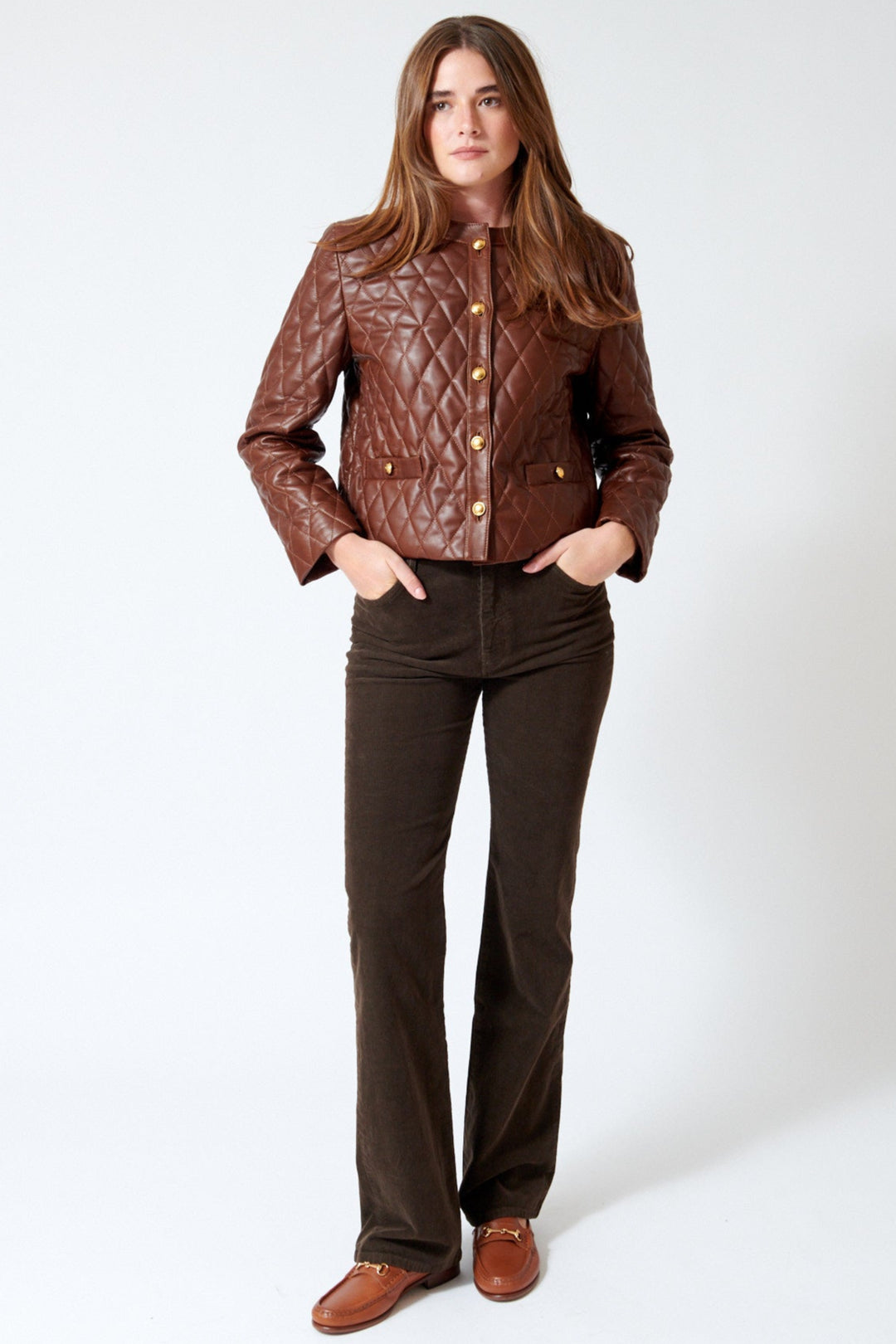 Waverly wearing Nili Lotan Joan Pant in Chocolate Brown, front view.