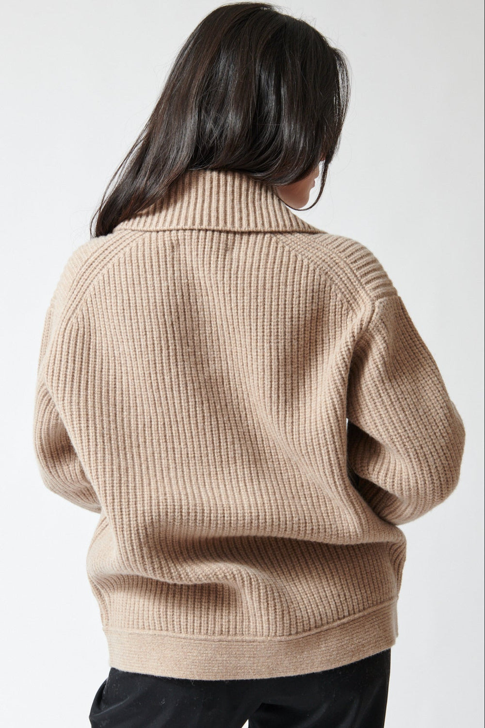 Lilly wearing White + Warren Merino Fisherman Jacket rear view