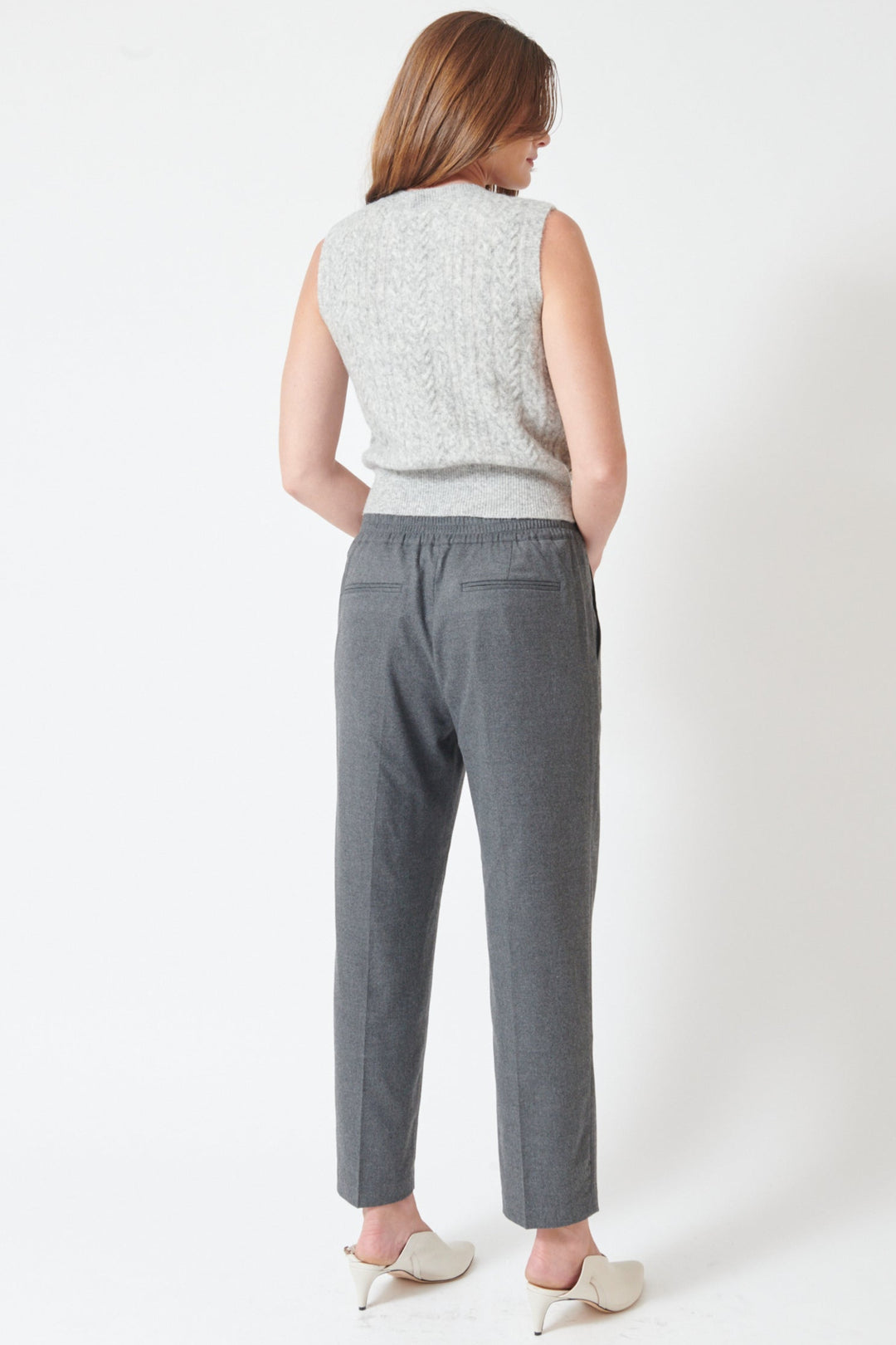 Julia wearing Seventy Venezia Trouser Dark Grey rear view