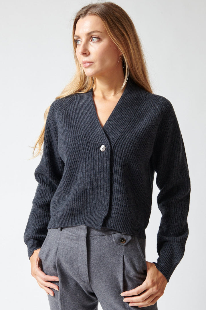 Mari wearing Jumper 1234 Merino Rib 1234 Cardigan front view