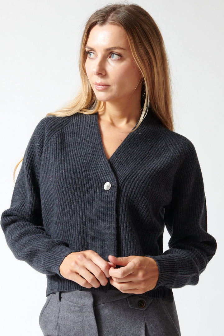 Mari wearing Jumper 1234 Merino Rib 1234 Cardigan front view