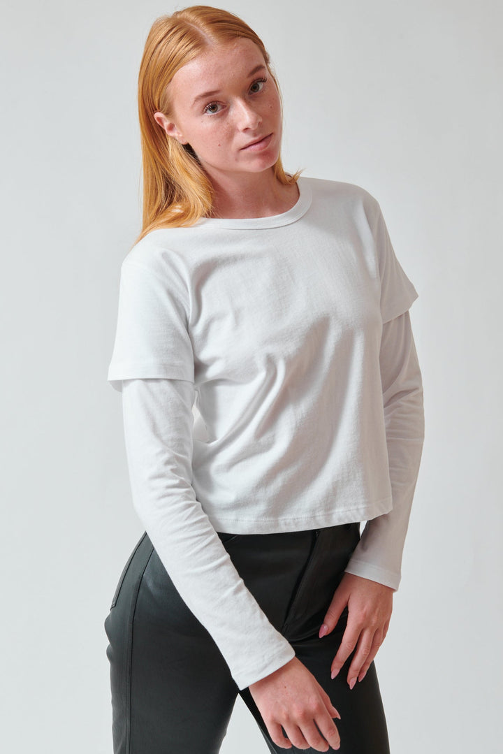 Aysia wearing LESET Margo Layered Long Sleeve front view