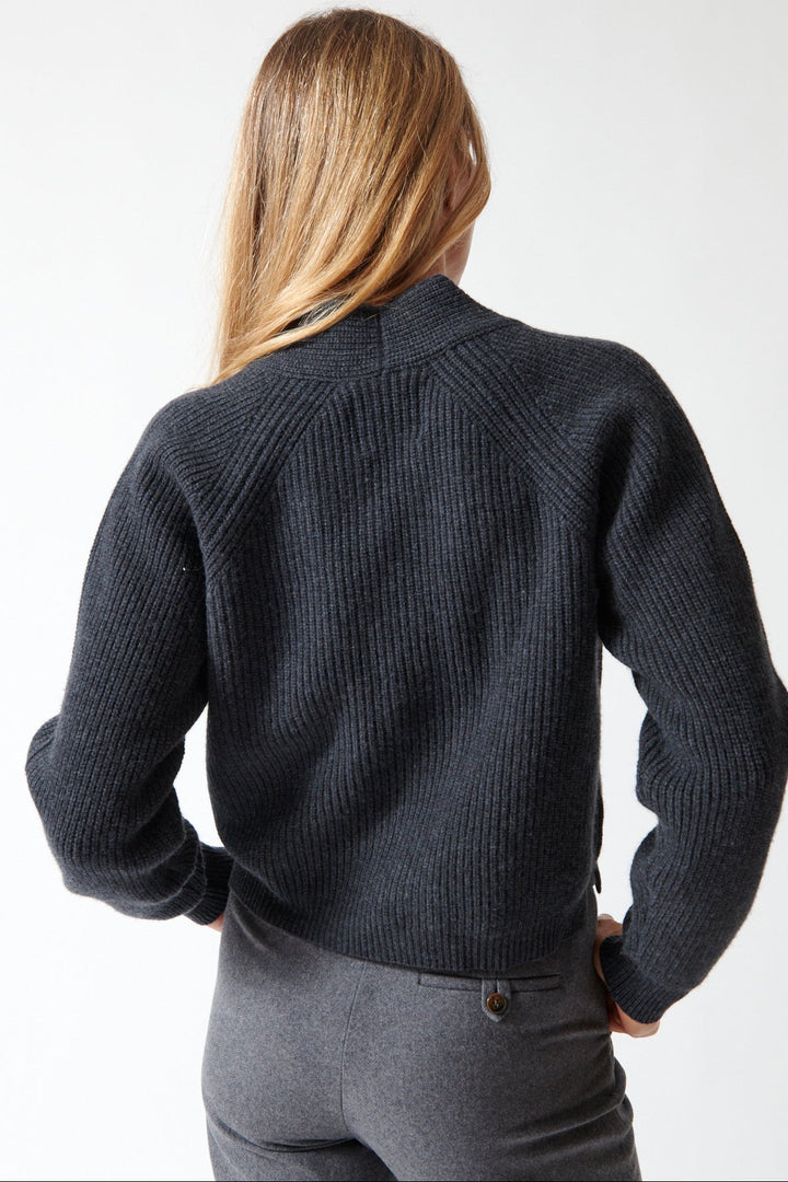 Mari wearing Jumper 1234 Merino Rib 1234 Cardigan rear view