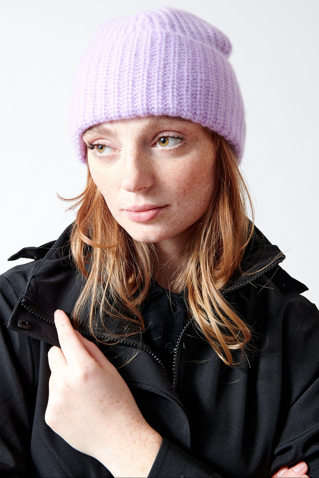 Waverly wearing Hansel From Basel Cashmere Ribbed Beanie front view