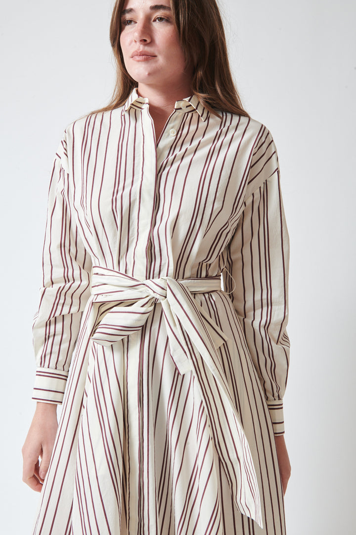 Julia wearing Odeeh Fancy Stripe Dress Burgundy front close up view