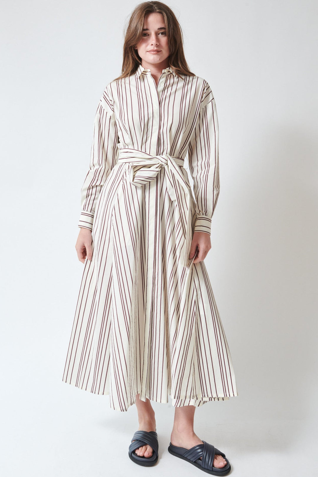 Julia wearing Odeeh Fancy Stripe Dress Burgundy front view