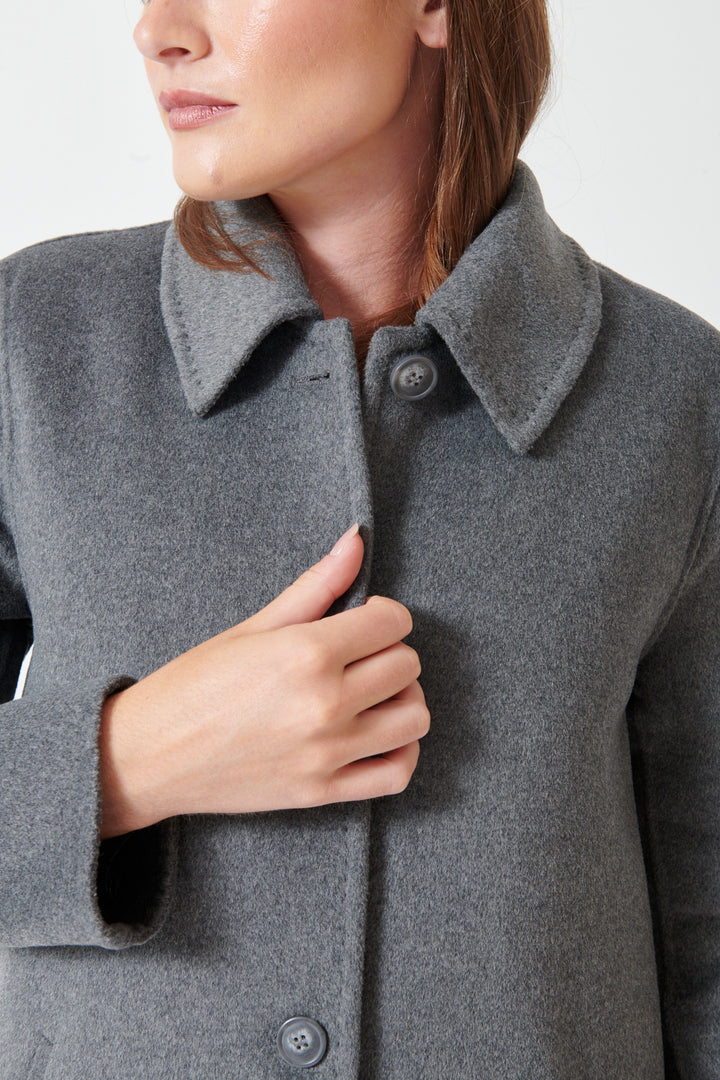 Julia wearing Seventy Softest Coat With Removable Lining front/detail view