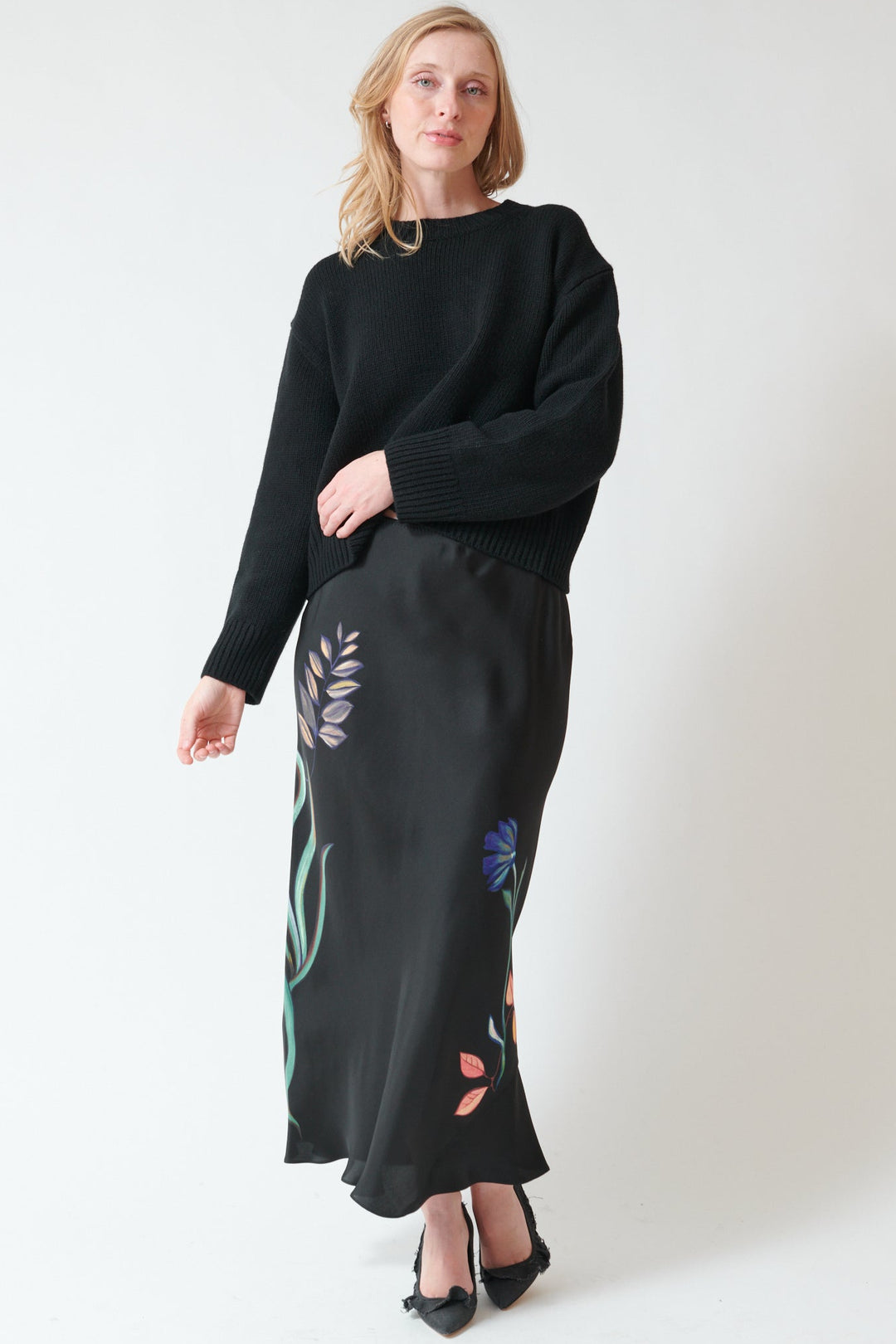 Madi wearing Dorothee Schumacher Seductive Bloom Skirt front view