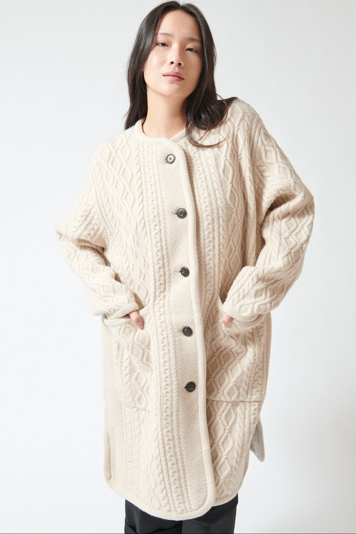 Lilly wearing White + Warren Merino Luxe Cable Coat front view