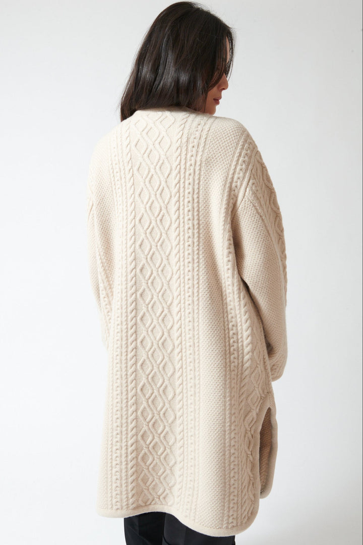 Lilly wearing White + Warren Merino Luxe Cable Coat rear view