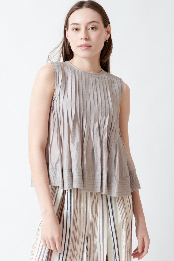Angela wearing ELEH Janice Pleated Top front view