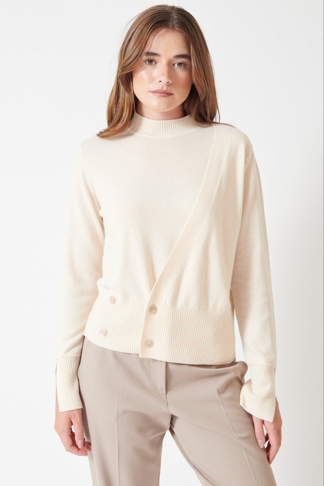 Julia wearing Seventy Crew Shell Cardi Combo Sweater front view
