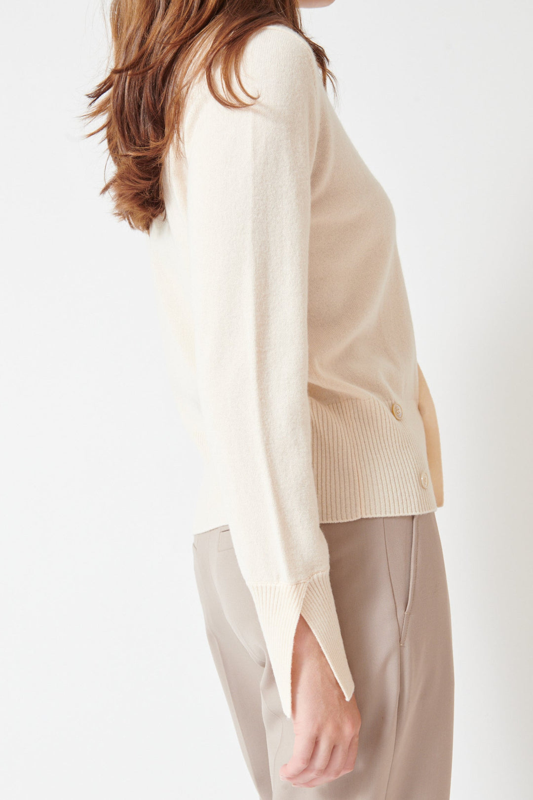 Julia wearing Seventy Crew Shell Cardi Combo Sweater side/detail view