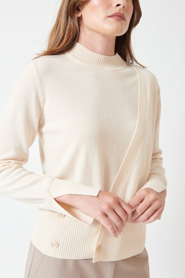 Julia wearing Seventy Crew Shell Cardi Combo Sweater front/detail view