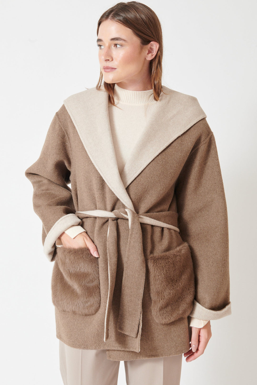 Julia wearing Seventy Bicolor Hooded And Belted Open Jacket front view