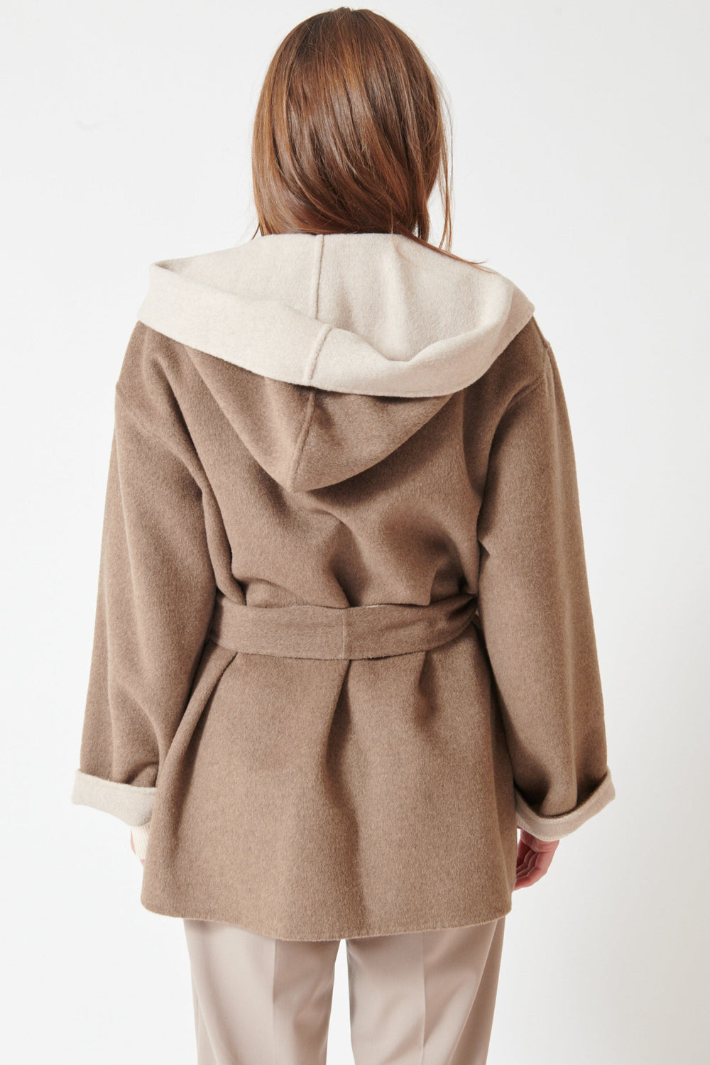 Julia wearing Seventy Bicolor Hooded And Belted Open Jacket rear view