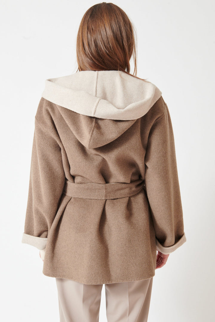 Julia wearing Seventy Bicolor Hooded And Belted Open Jacket rear view