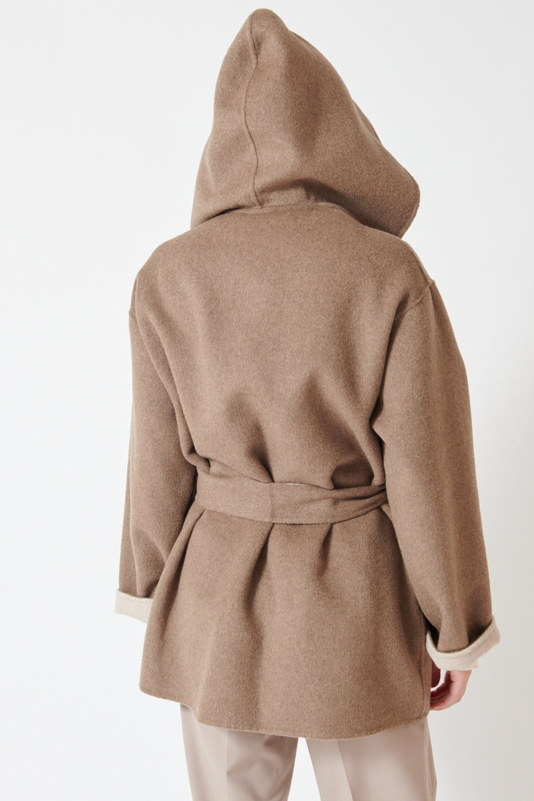 Julia wearing Seventy Bicolor Hooded And Belted Open Jacket rear view