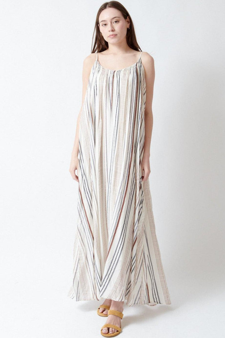 Angela wearing ELEH Gulf Striped Dress front view