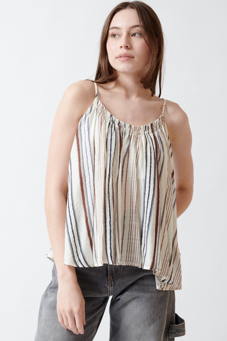 Agela wearing Estuary Striped Top Sea And Sand front view