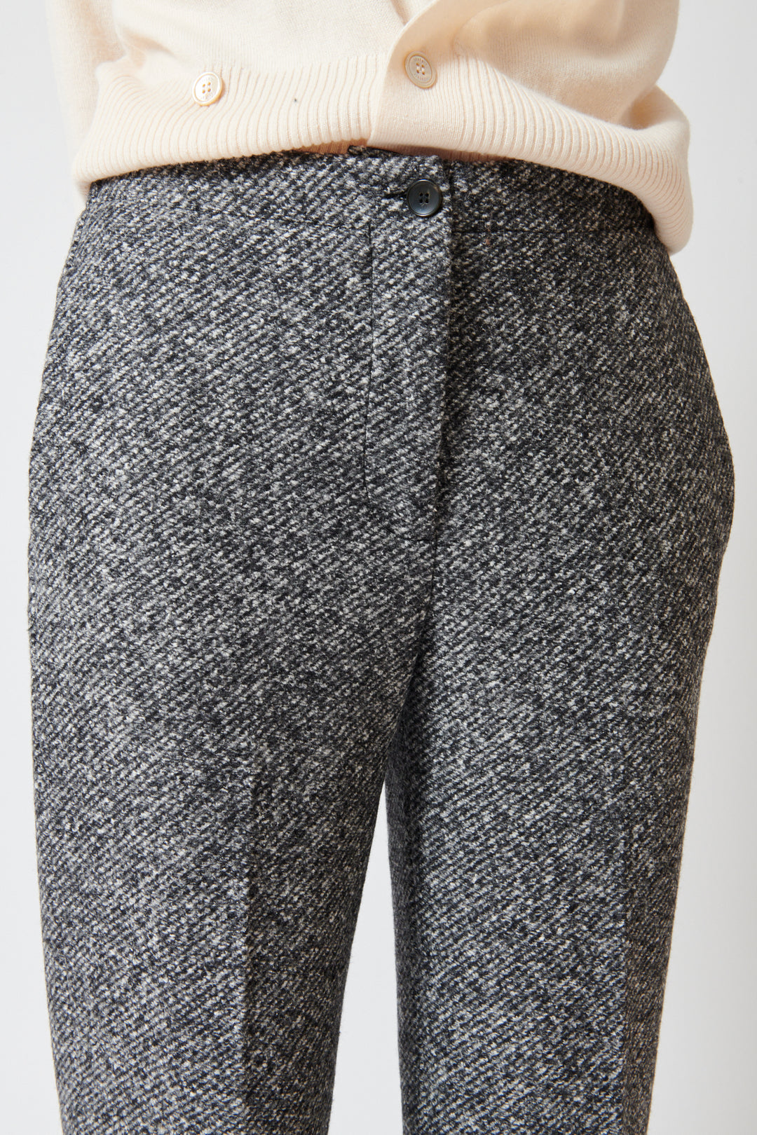Julia wearing Seventy Lisa Elasticated Back Trouser front/detail view