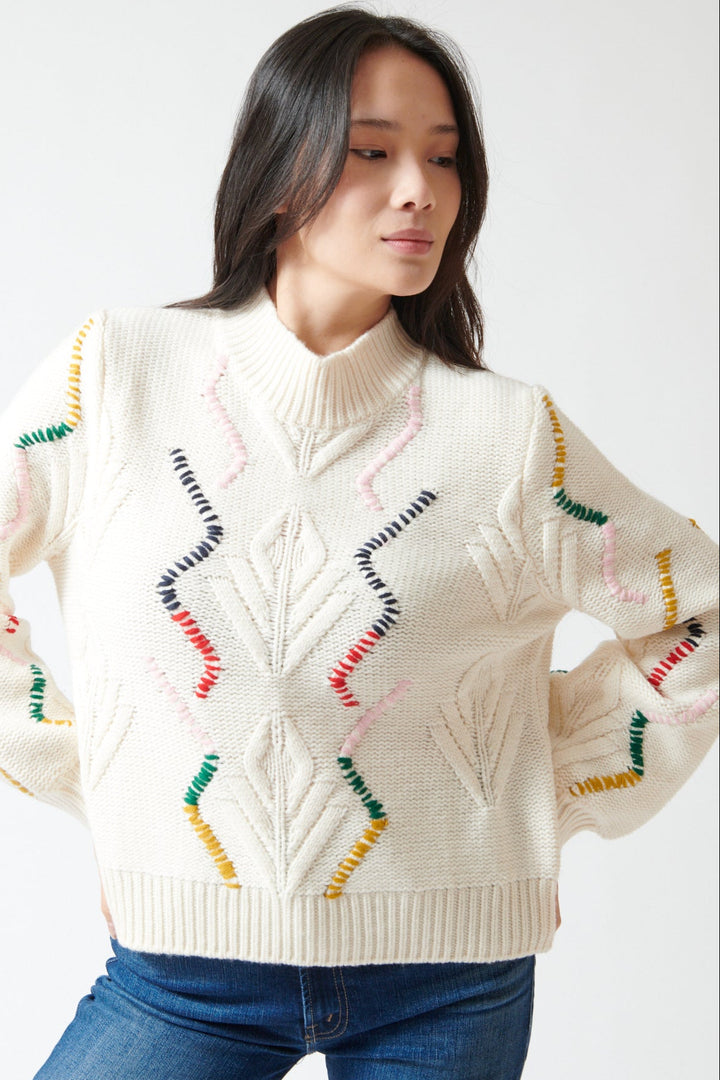 Lilly wearing Jumper 1234 Wool Cashmere Overstitch Cable Turtle front view