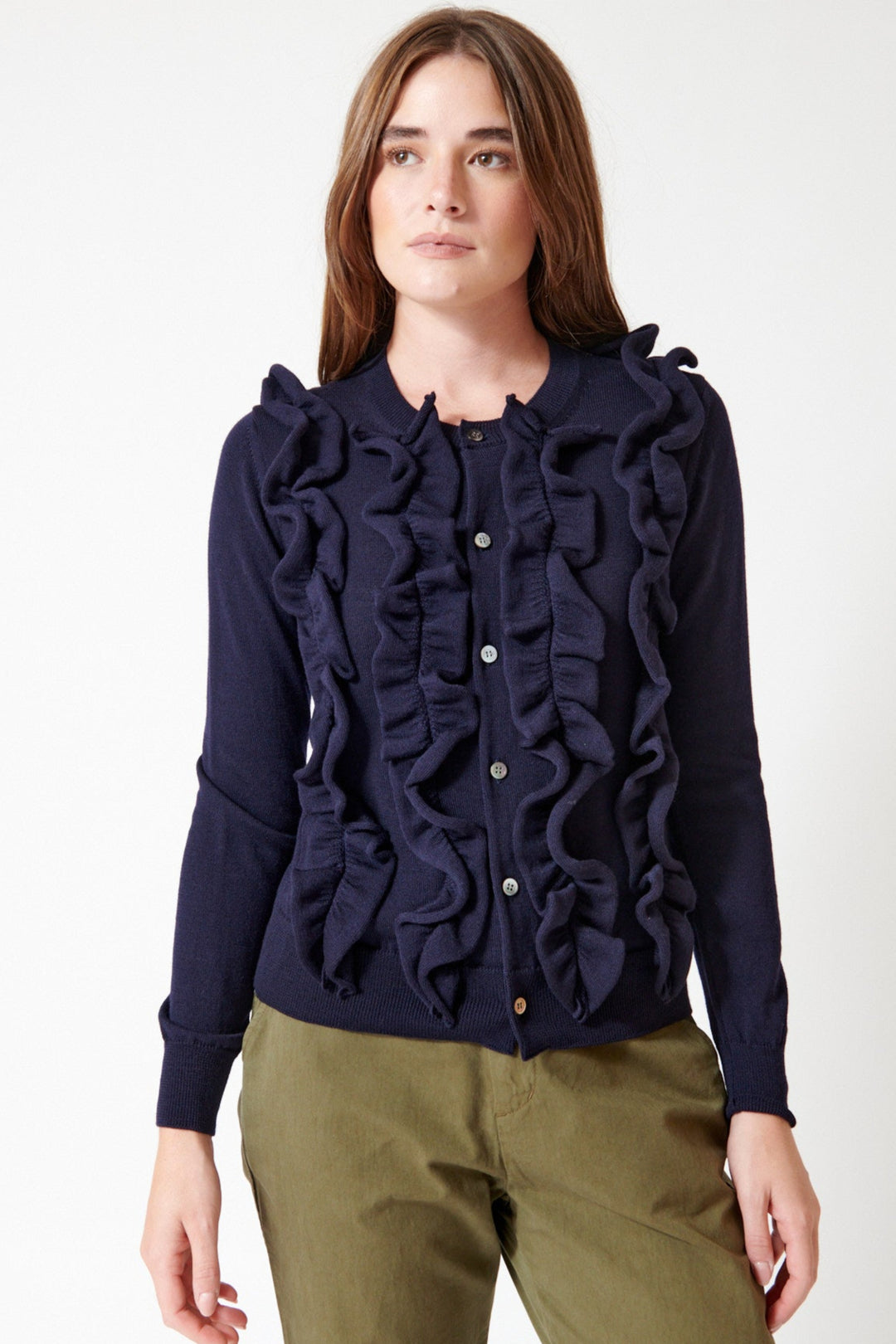 Julia wearing Comme des Garçons Jabot Knit Cardigan front view