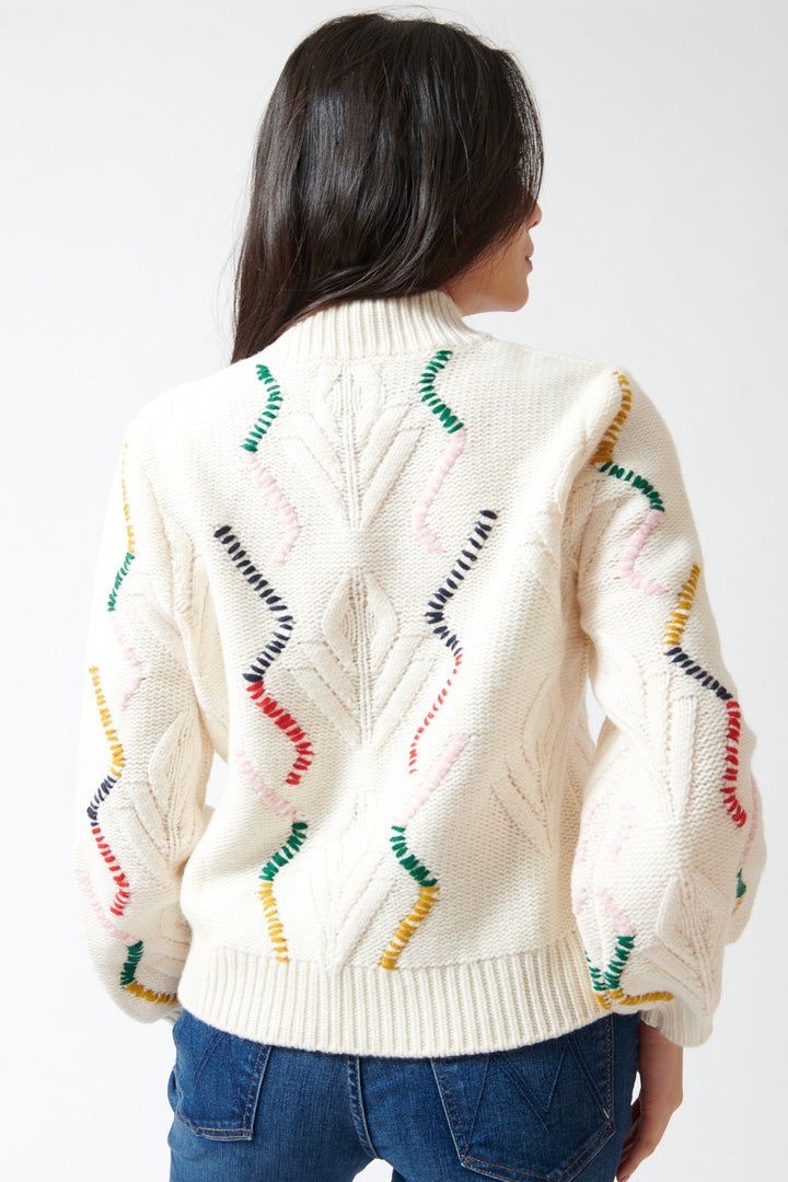 Lilly wearing Jumper 1234 Wool Cashmere Overstitch Cable Turtle rear view