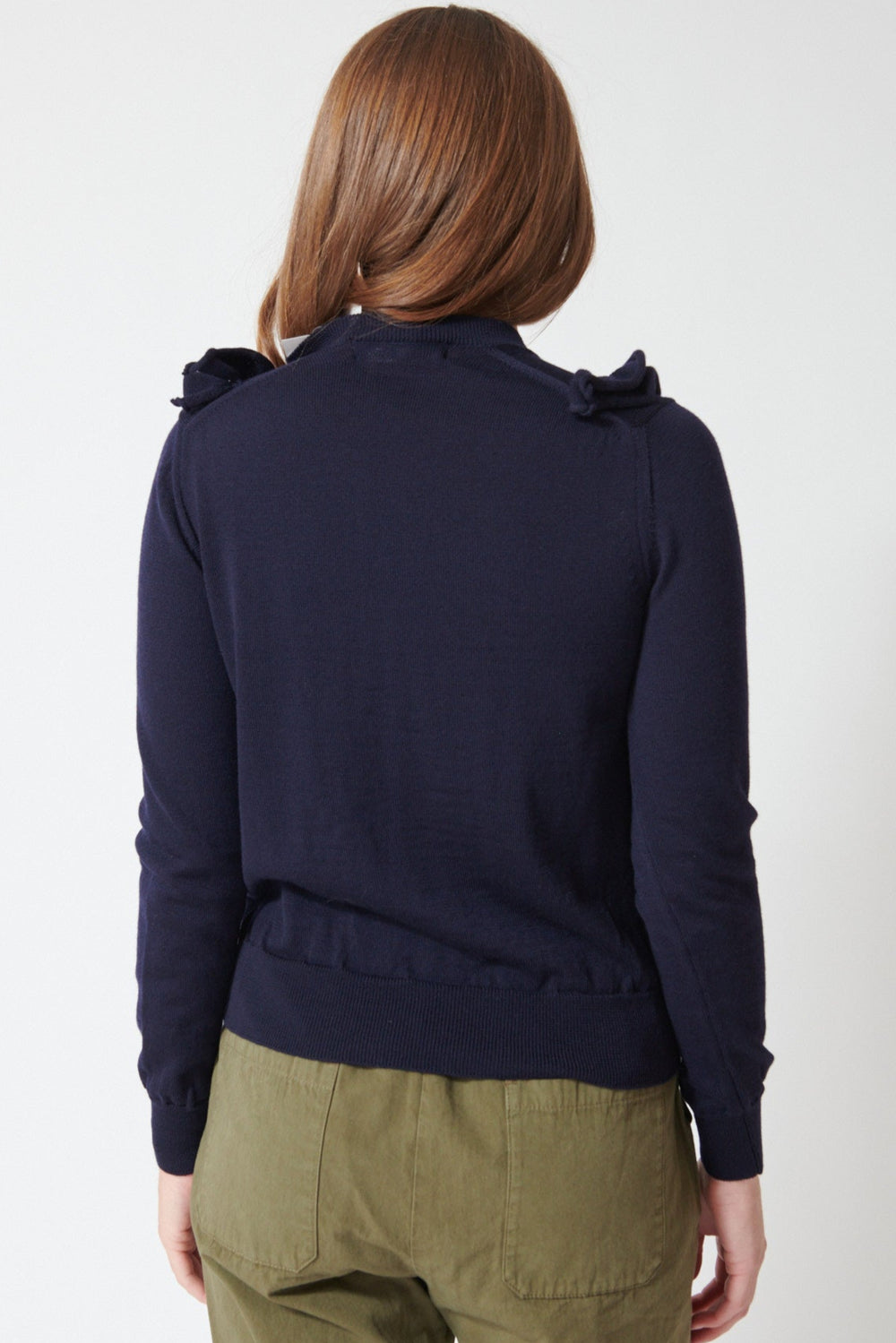 Julia wearing Comme des Garçons Jabot Knit Cardigan rear view