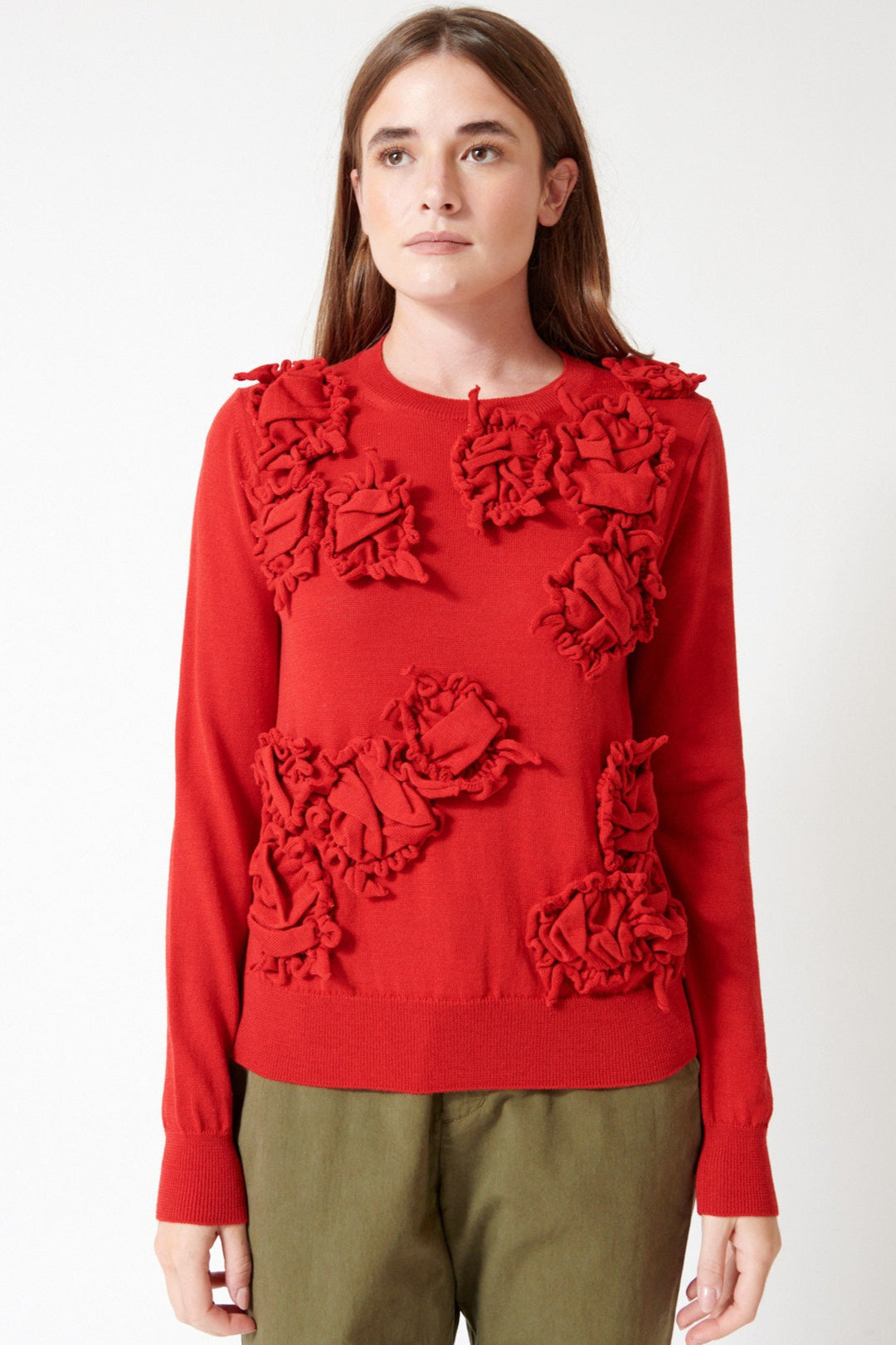 Julia wearing Comme des Garçons Jabot Knit Pullover front view