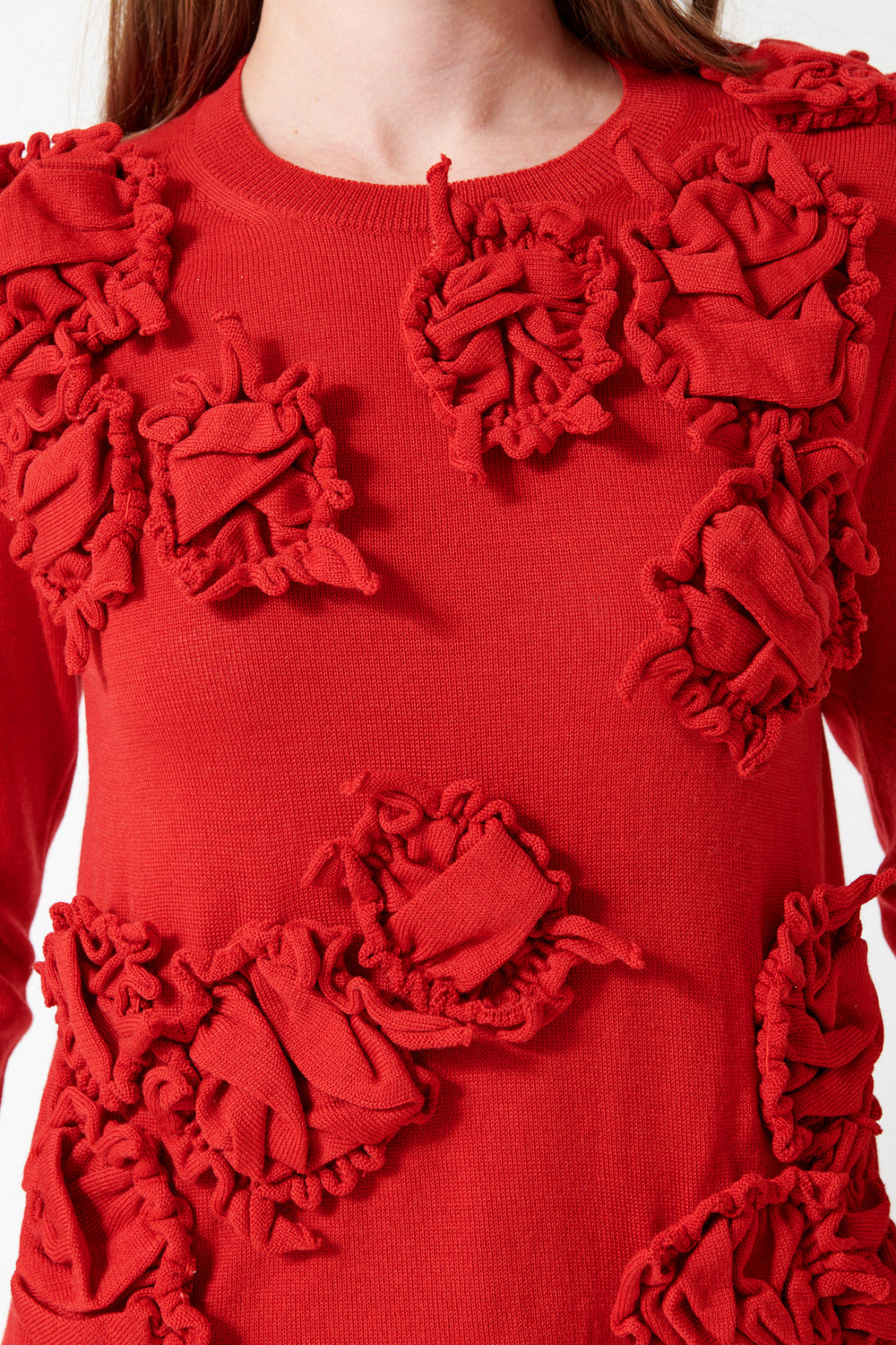 Julia wearing Comme des Garçons Jabot Knit Pullover front/detail view