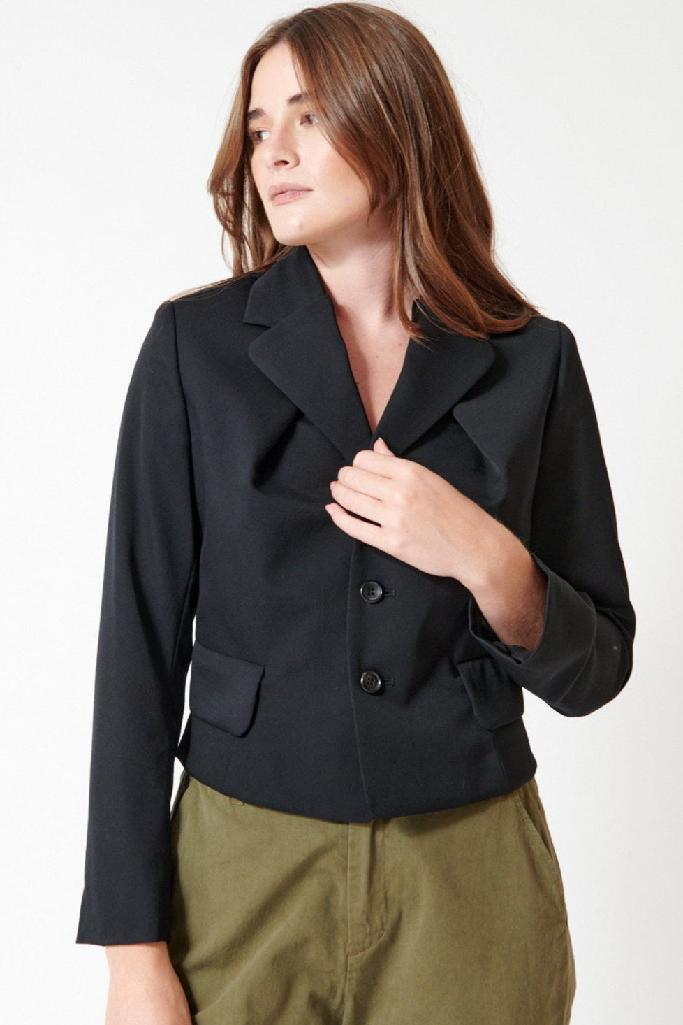Julia wearing Comme des Garçons Folded Front Crop Jacket front view