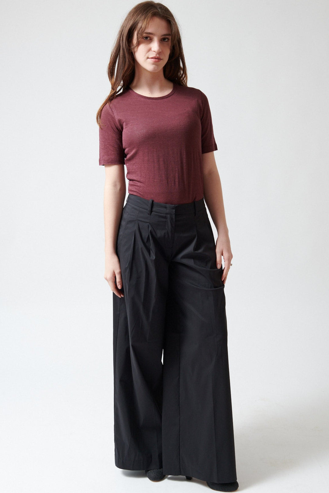Sophie wearing SCAGLIONE Wide Leg Popel Pants front view
