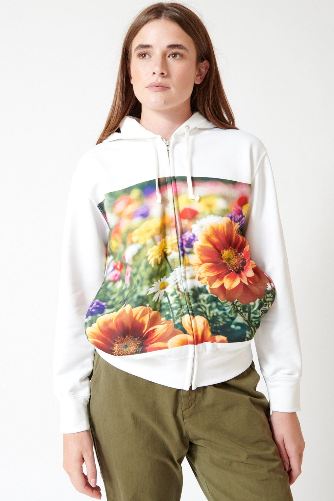Julia wearing Comme des Garçons Vivid Zip Hoodie front view